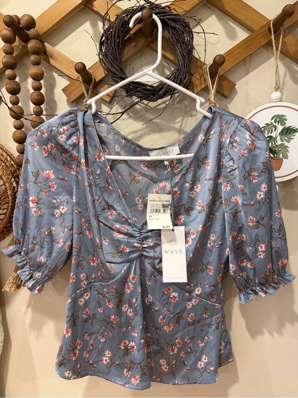Wayf Dusty Blue Floral Ruched Puff Sleeve Blouse